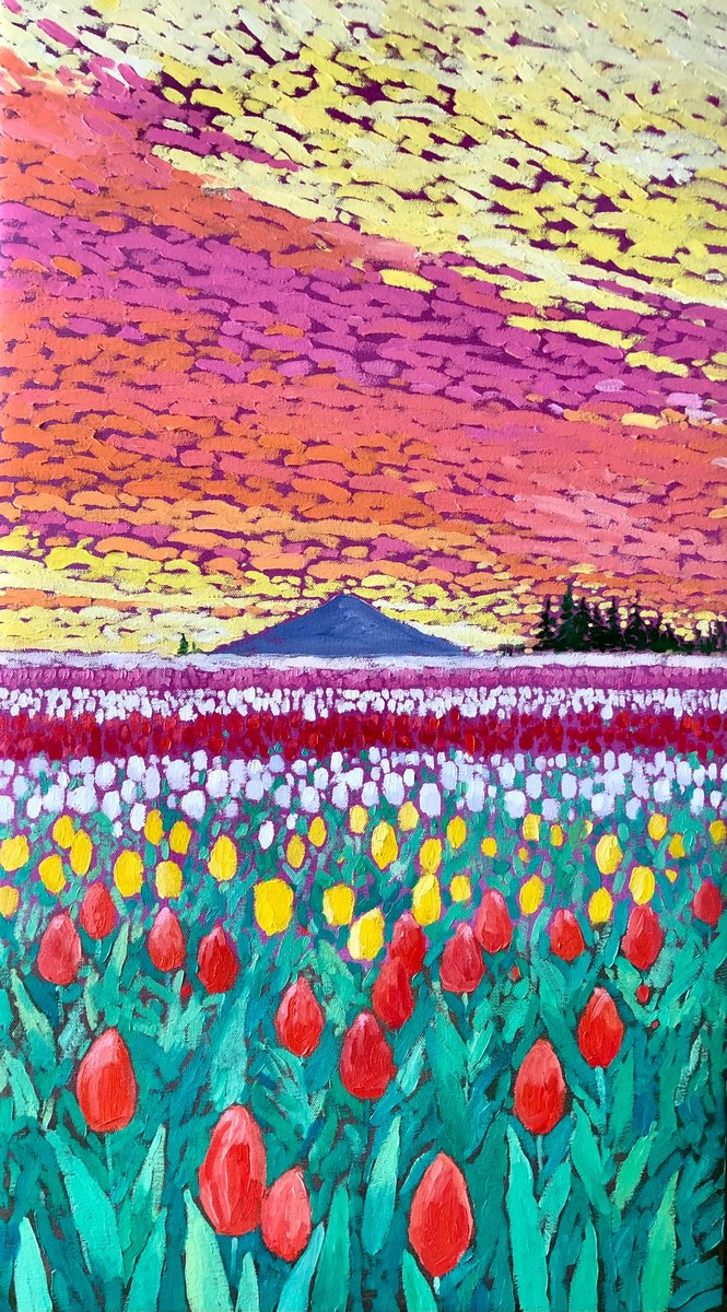 Impressionistic Landscape Oil Painting By Volodymyr Smoliak, 15 X 27", Field With Tulips, Original Artwork
