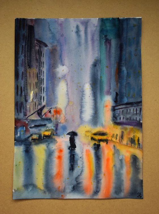 Rainy night New York original watercolor painting, abstract cityscape