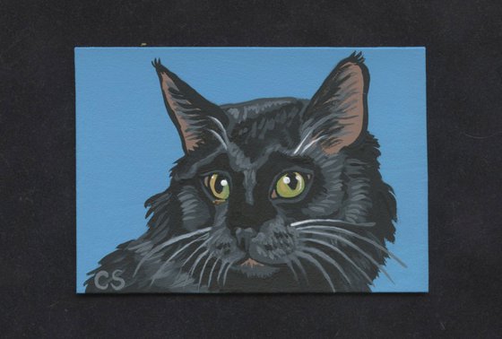 ACEO ATC Original Miniature Painting Black Cat Pet Art-Carla Smale