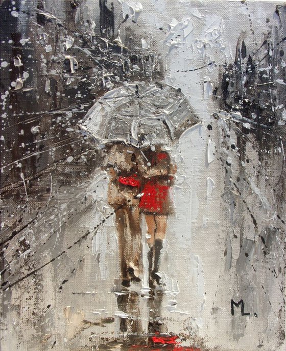 " WALKING IN THE RAIN V " original painting CITY palette knife