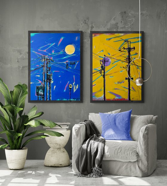 Urban painting - "Ukrainian electricity" - Pop art - Bright - Street art - Diptych - Electric pole - Urban - Sunset