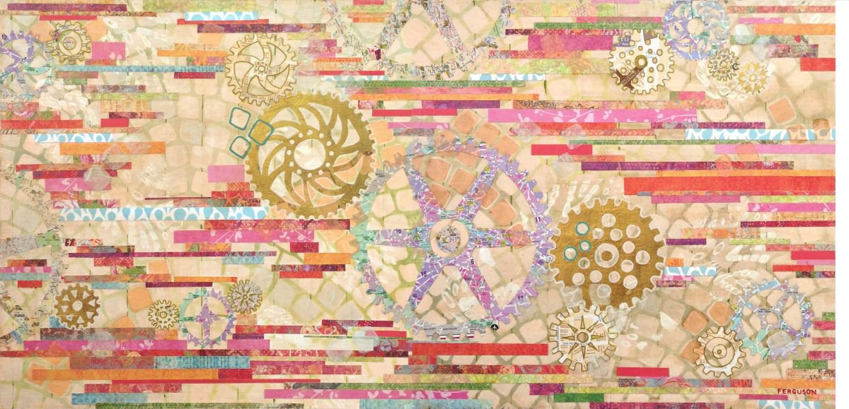 Abstract Collage By Kathy Ferguson, 48 X 24", Eu Timetable, Original Artwork