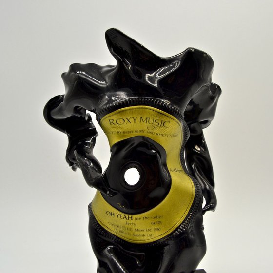 Small Standing Figurative Sculpture Gold & Black Vinyl Music Record Custom Acrylic Base