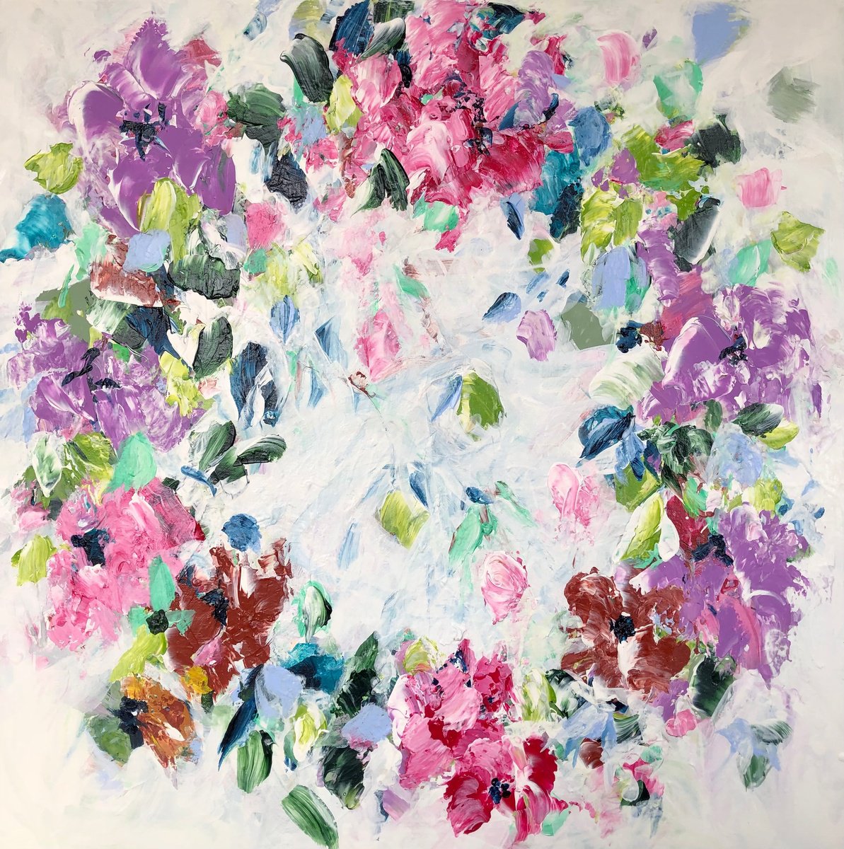 Expressive Botanical Acrylic Painting By Michelle Carolan, 24 X 24", Summer Wreath, Original Artwork
