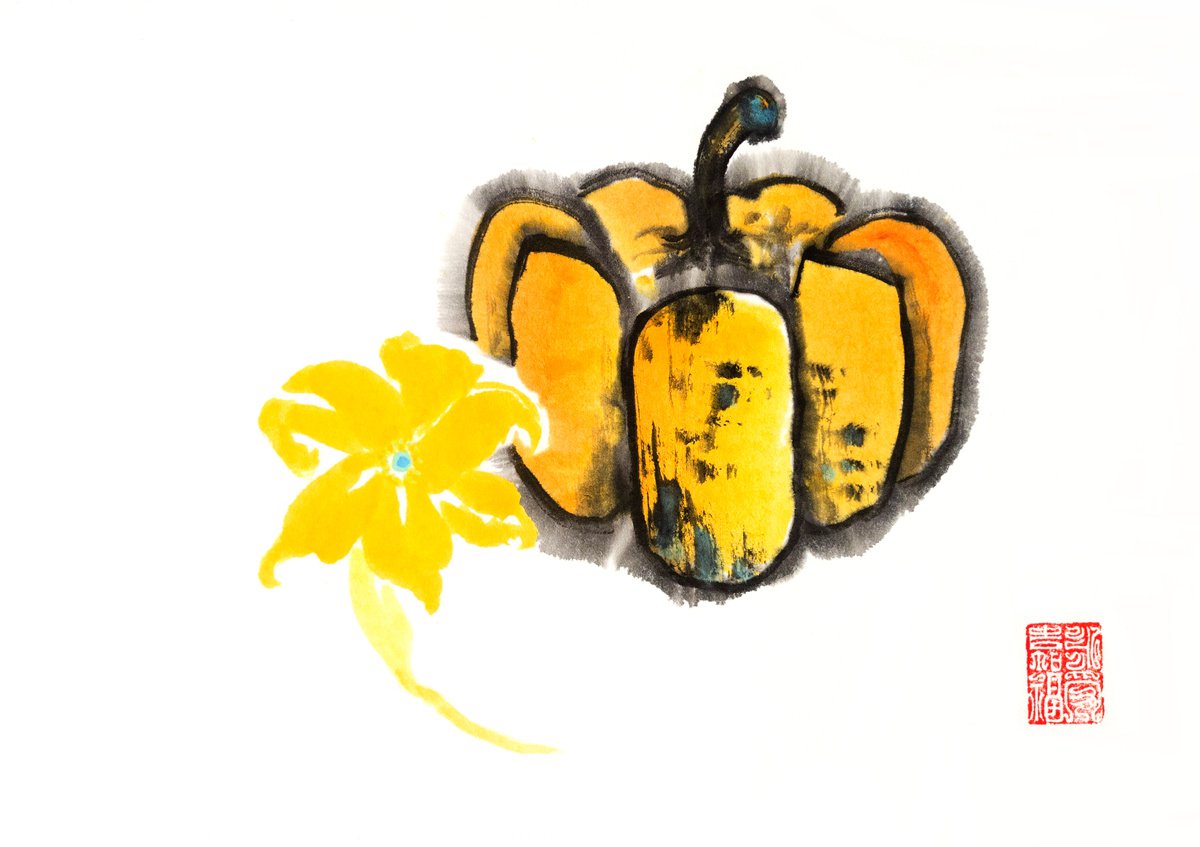 Pumpkin and flower - Pumpkin series No. 03 - Oriental Chinese Ink Painting by Ilana Shechter