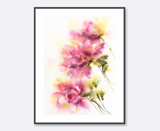 Pink flowers, abstract floral bouquet, watercolor