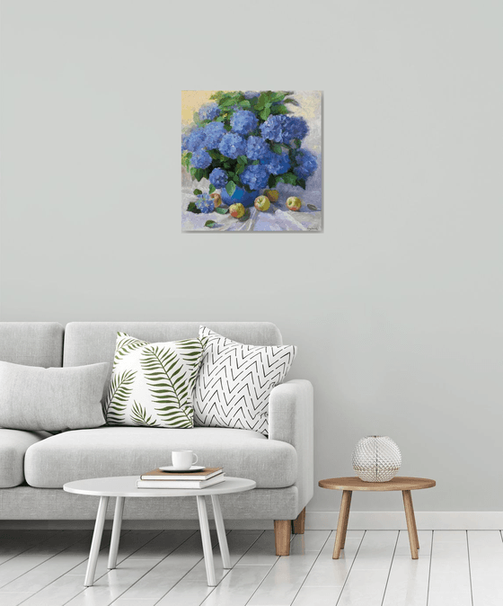 Blue Hydrangeas with Apples