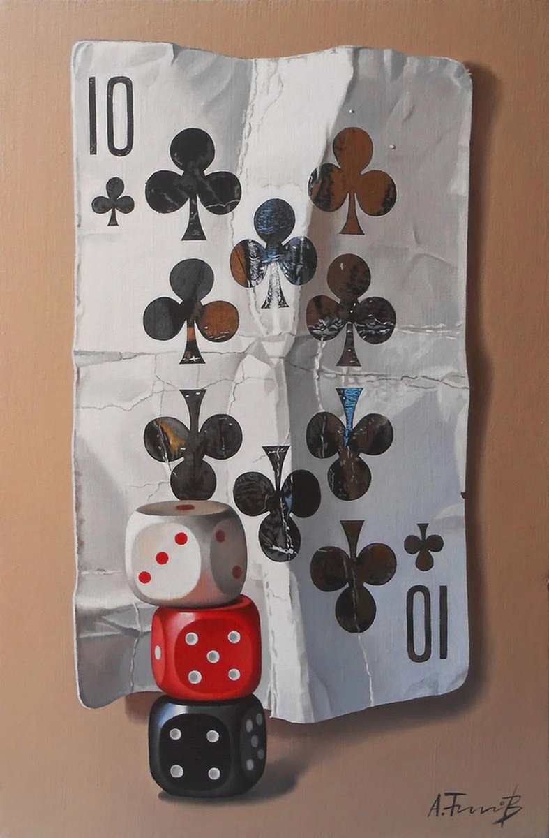 Photorealistic Still Life Oil Painting By Alexander Titorenkov, 12 X 18, Card And Dice, Still Life, Original Artwork