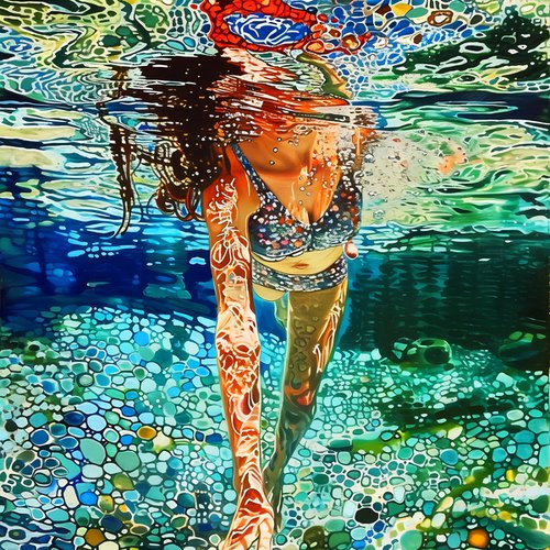 Woman under water in the swimming pool, sea, ocean with blue green turquoise color waves with bright sun glares. Impressionistic artwork. Original painting wall art home decor. Art Gift by BAST