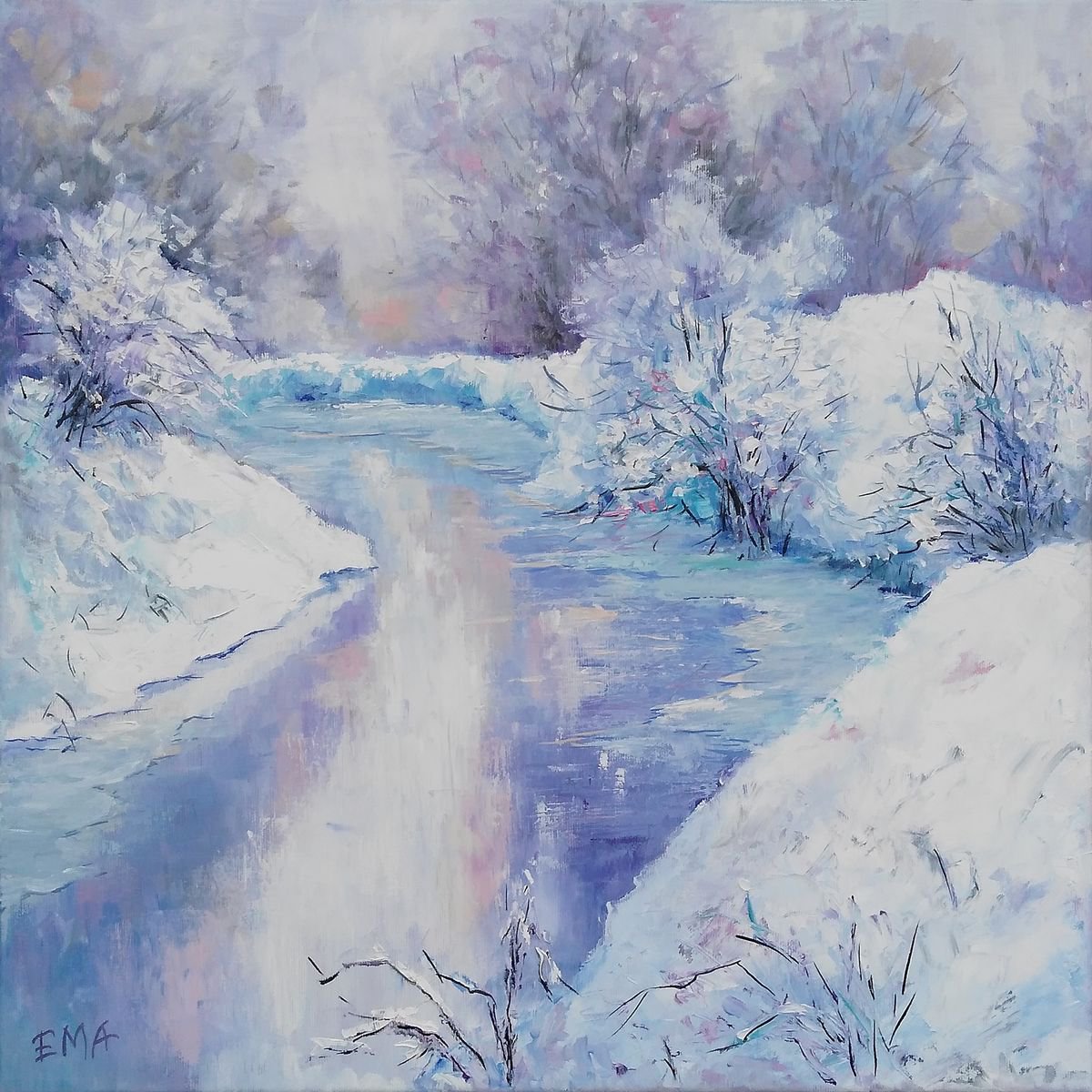 WINTER POETRY #2, 50x50cm, snow forest frozen river landscape by Emilia Milcheva