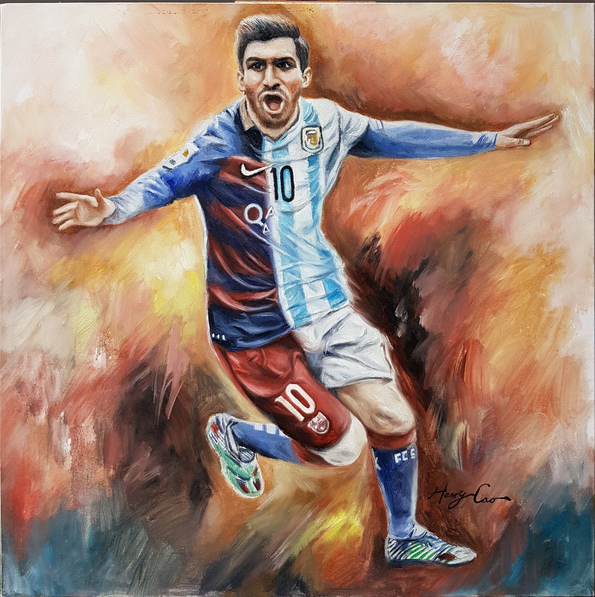 Expressive Portrait Oil Painting By Henry Cao, 24 X 24, Messi, Best Soccer Player, Original Artwork