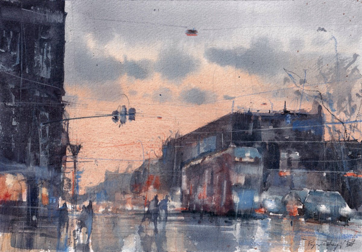 Impressionistic Cityscapes Watercolour By Yurii Prysiazhnyi, 12 X 8", Warm Evening, Original Artwork