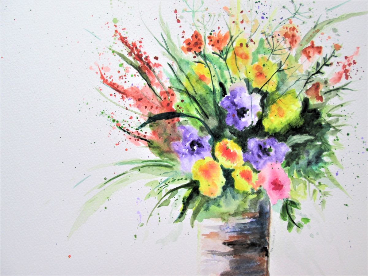 Expressive Botanical Watercolour By Marjansart, 13 X 11", Flowers In Vase, Original Artwork