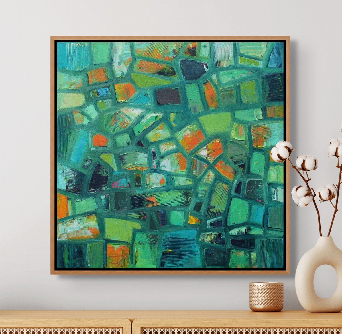 Geometric Abstract Acrylic Painting By Sage Mountain Studio, 24 X 24", Abstract Shapes With Green, Original Artwork