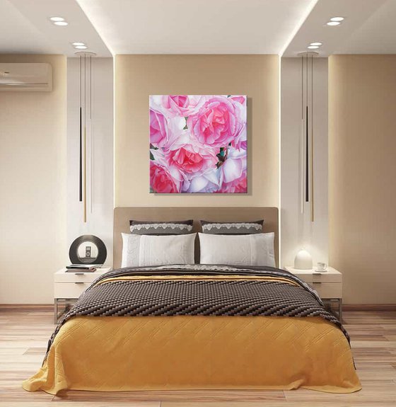 "Pink roses", floral realistic painting