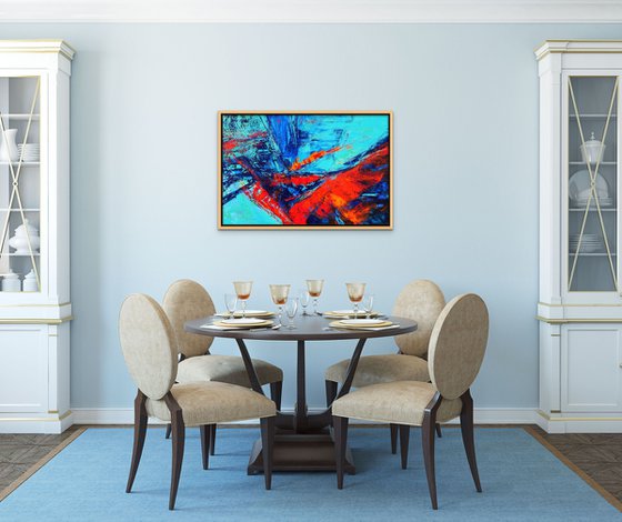 MOMENTS IN TIME I. Teal, Blue, Aqua, Navy, Red Contemporary Abstract Painting with Texture