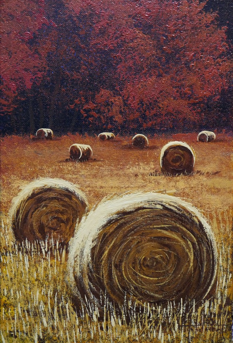 Photorealistic Landscape Acrylic Painting By Eugene Gorbachenko, 8 X 12, Autumn Field, Original Artwork