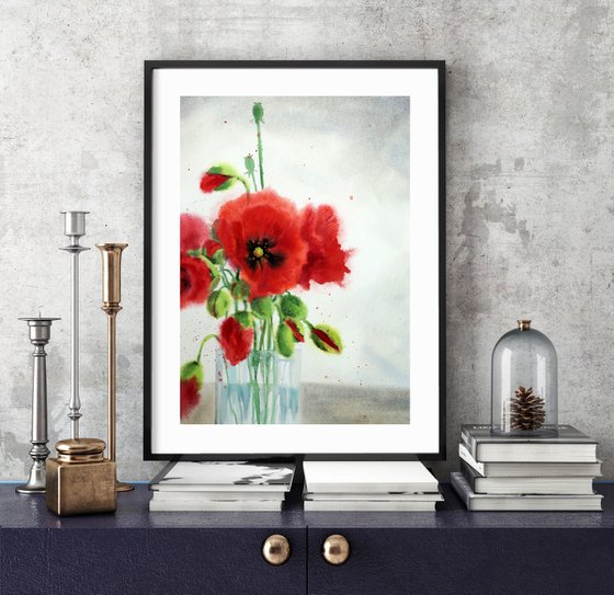 Bouquet of red poppies - Red Poppy - poppy watercolour - poppies - poppie watercolor