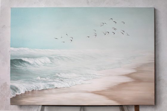 "Sea vibes 2" Blue beige landscape oil art