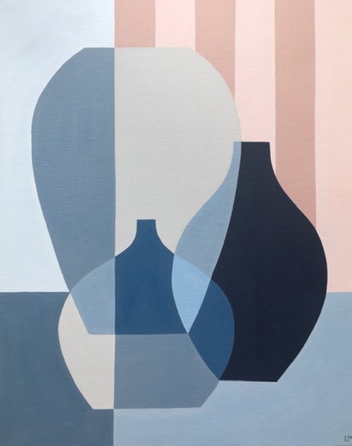 Blue Vases with Blush Stripes by Louise MacIntosh-Watson