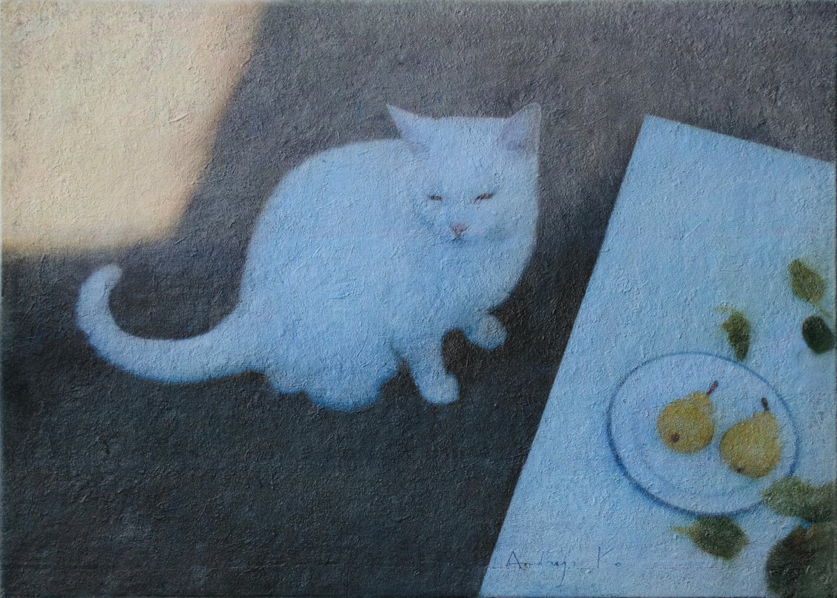 Photorealistic Animal Acrylic Painting By Andrejs Ko, 28 X 20, Snowflake And Two Pears, Original Artwork