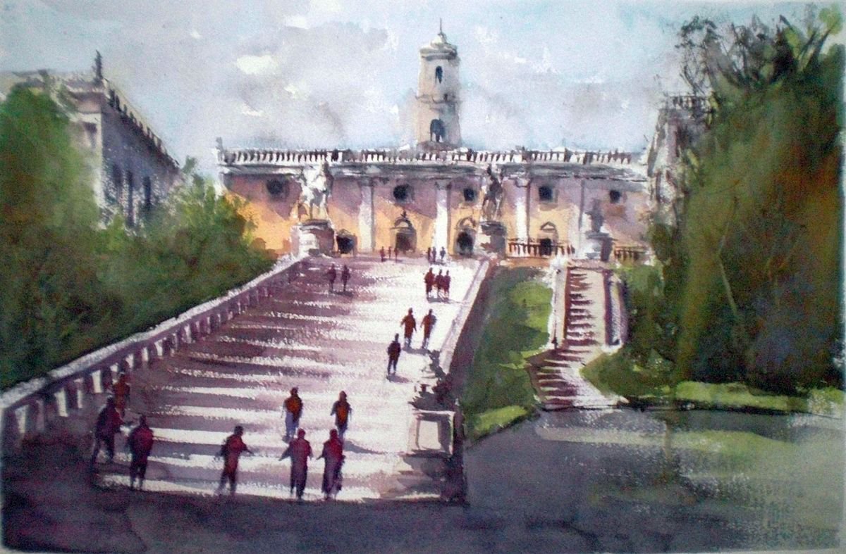 Impressionistic Cityscapes Watercolour By Giorgio Gosti, 21 X 14, Campidoglio - Rome 2, Original Artwork