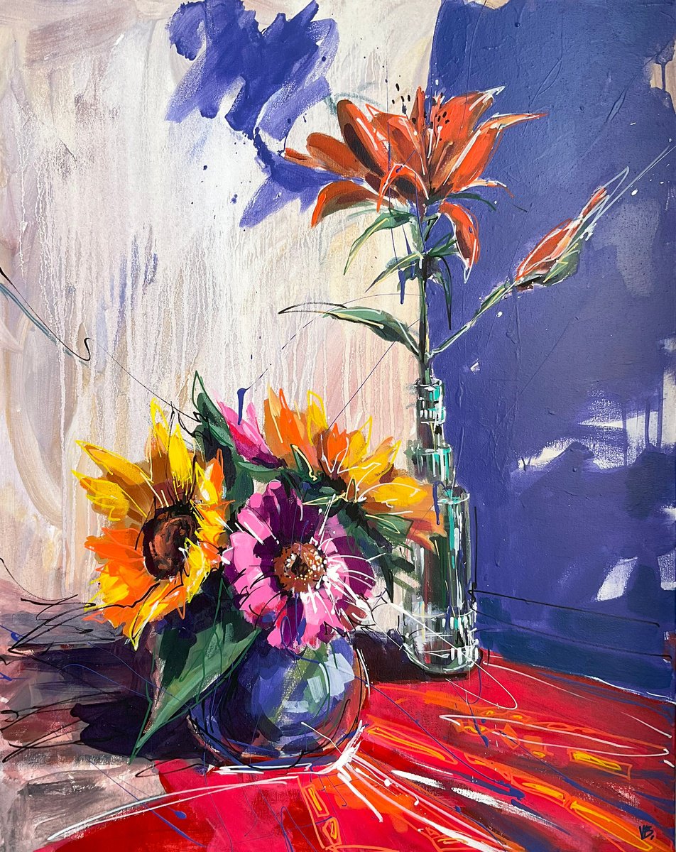 Expressive Botanical Acrylic Painting By Volha Belevets, 29 X 36", Lily And Sunflowers, Original Artwork