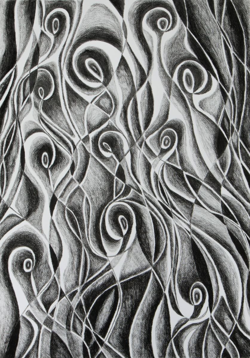 Abstract Charcoal Drawing By Stefan Fierros, 20 X 28", The Guardians, Original Artwork