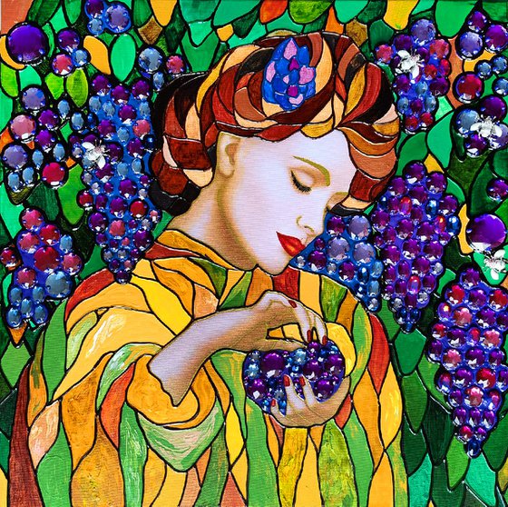 Woman and grape - original portrait photo collage with crystals