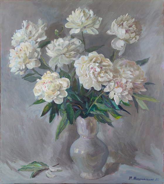 White peonies on a silver background