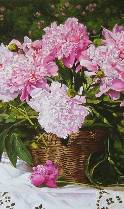 Basket of Pink Peonies by Natalia Shaykina