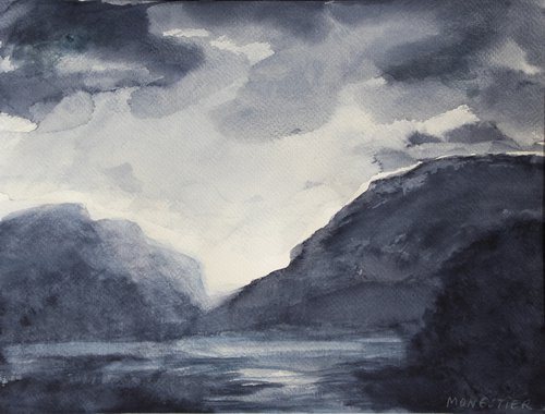 Black and white landscape with lake in the valley - Ready to frame. by Fabienne Monestier