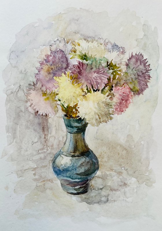 Bouquet of asters. Original watercolour painting.