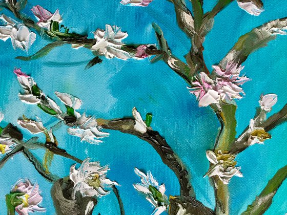 Almond blossom on turquoise inspired by Vincent Van Gogh oil painting ready to hang