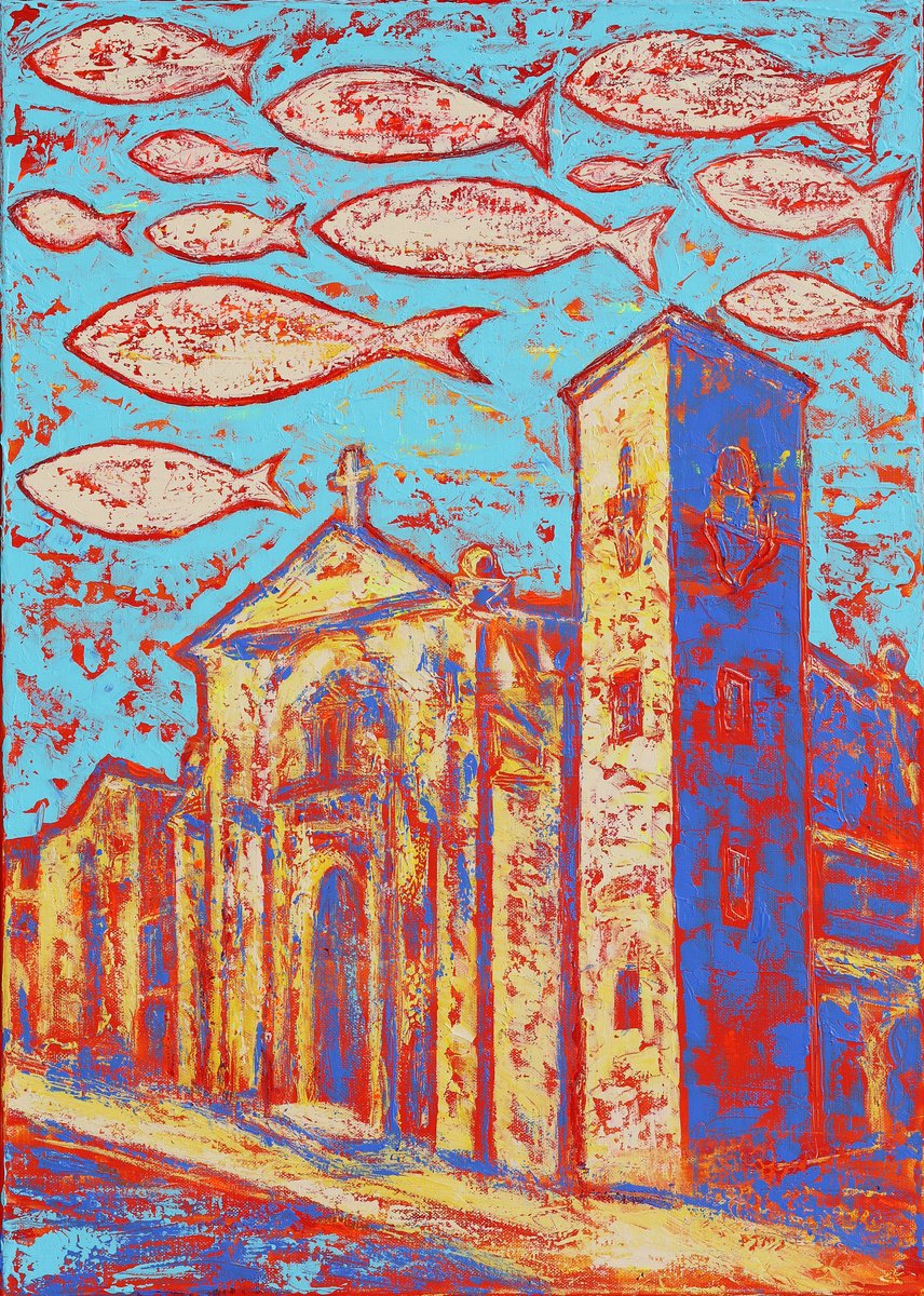 Impressionistic Cityscapes Acrylic Painting By Denys Kuvaiev, 20 X 28, Guijuelo Fish, Original Artwork