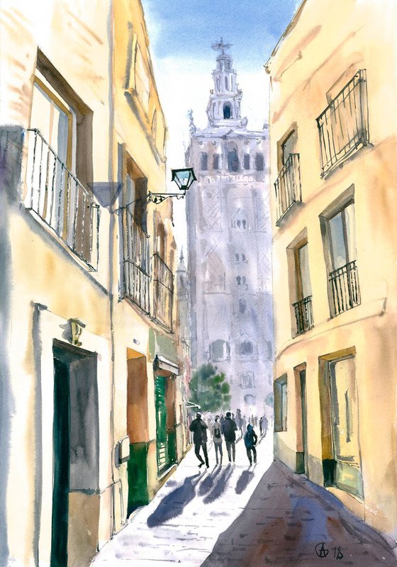 Seville, Spain. Cathedral view. Medium size original watercolor architecture impressionism light and shadow urban city spain landscape