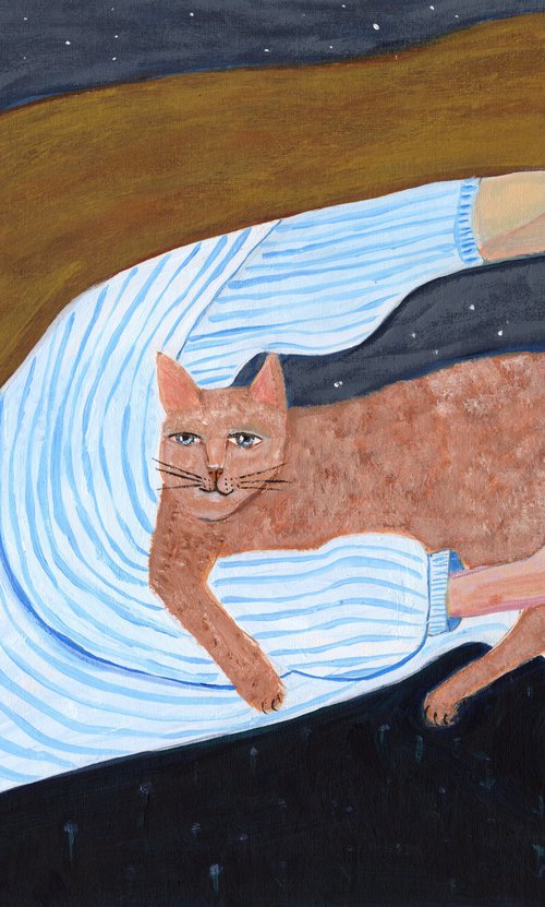 Lady and cat looking at night sky by Sharyn Bursic