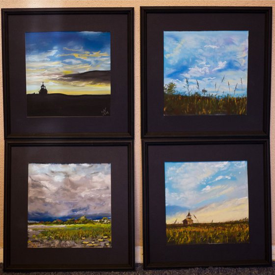 View of Kizhi Island. Series of 4 pieces. Small painting landscape nature north