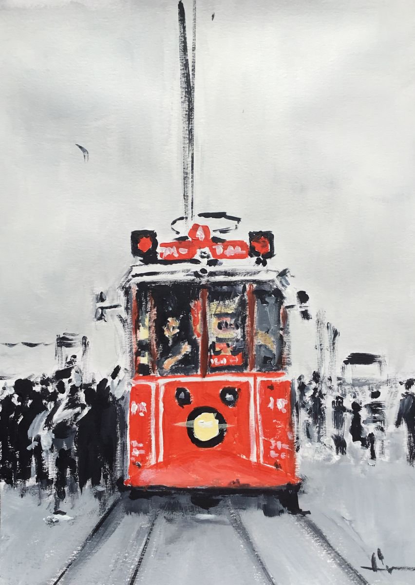 Expressive Cityscapes Acrylic Painting By Dominique Deve, 12 X 16, Portrait Of A Tram, Original Artwork