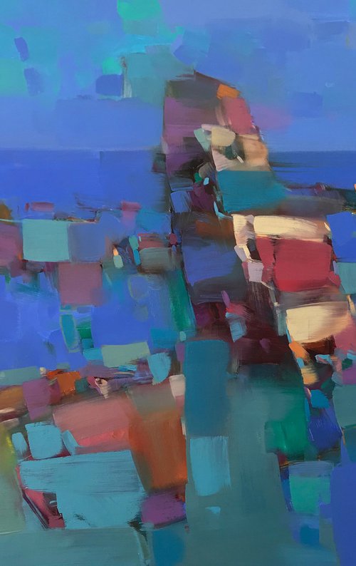 Cliffs in Cobalt, Seascape Original oil painting, Handmade artwork, One of a kind by Vahe Yeremyan