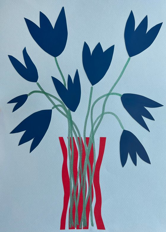 Blue Tulips in Striped Vase