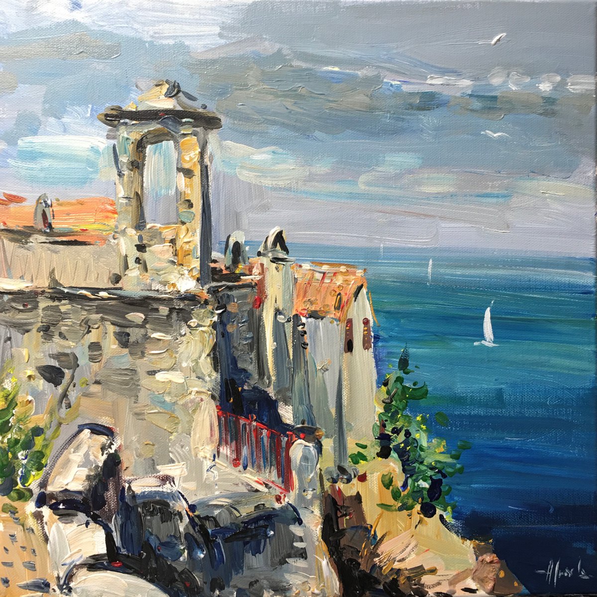 Impressionistic Landscape Acrylic Painting By Altin Furxhi, 16 X 16, Peschici Castello., Original Artwork