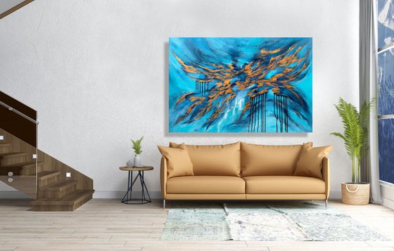 COMMISSIONED ARTWORK FOR M N-K - Blue Planet #2 - XL LARGE,  TEXTURED ABSTRACT ART – EXPRESSIONS OF ENERGY AND LIGHT. READY TO HANG!