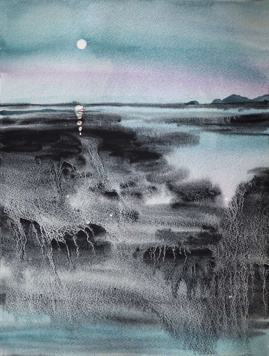 Impressionistic Landscape Watercolour By Delnara El, 12 X 16, Moon Light, Original Artwork