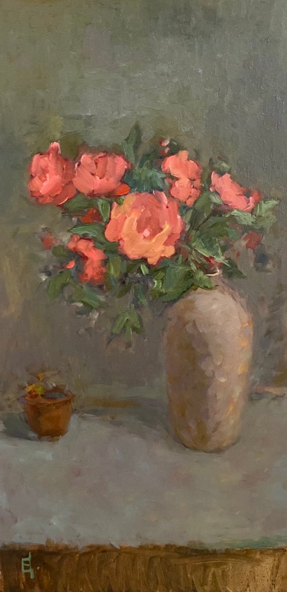 Still Life With Coral Roses By Elena Bulatova, 12 X 24, Artwork For Sale On Artfinder