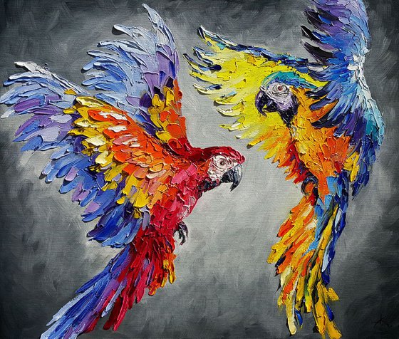 Dance in the sky - Ara parrot, bird, parrots, birds love, parrots art