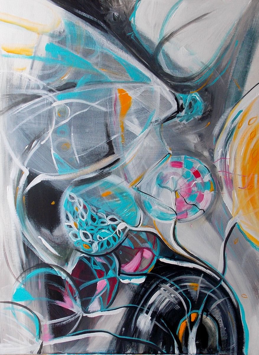 Abstract Botanical Acrylic Painting By Maria Paunova, 24 X 31", Balance Of Nature, Original Artwork