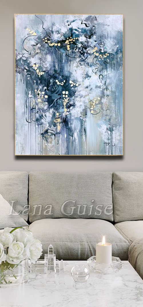 Looking Beyond - Abstract White Grey Painting Large Canvas, Gold Leaf, Minimalist Painting by Lana Guise