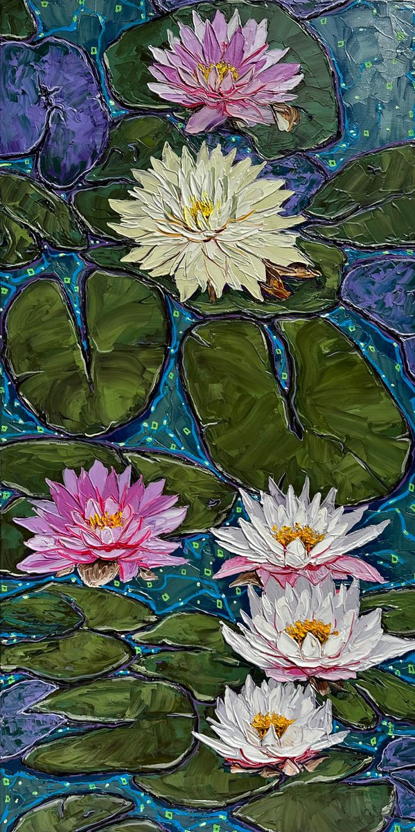 Impressionistic Botanical Oil Painting By Elena Adele Dmitrenko, 24 X 48, Water Lilies Symphony, Original Artwork