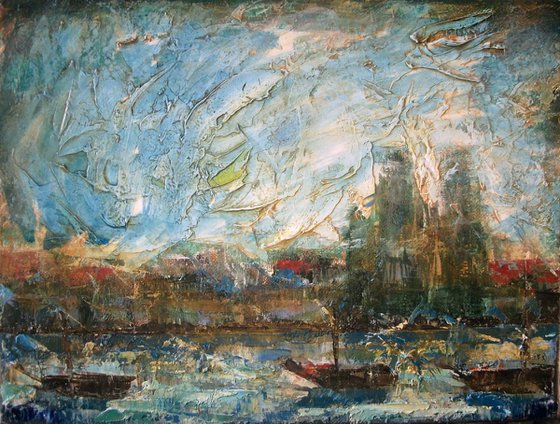 Abstract landscape with Boats. SOLD